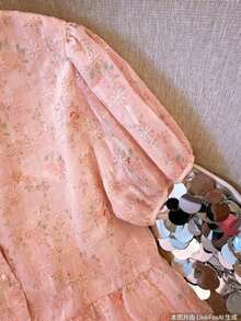 Blusa de mujer con escote en V bordada de estilo romántico francés de manga corta - Rosa Pálido - Ver 4