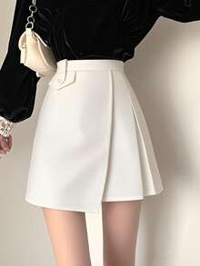 Casual Solid Color Asymmetric Wrap Skirt, Summer White - White - View 3
