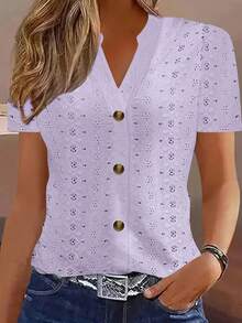 Tops Y2k, blusa informal de verano para mujer, Tops de manga corta con botones y cuello en V, blusas elegantes a la moda, camisas informales holgadas de colores sólidos - XF7780 Morado - Ver 5