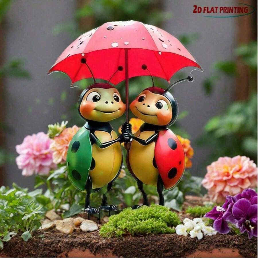 童話傘柄瓢蟲 2D 花園插樁，婚禮草坪裝飾－戶外婚禮裝飾品，新娘派對盆栽雕塑，紅黑卡通四季耐候，無需電力庭院藝術，英歐花園婚禮季限量版