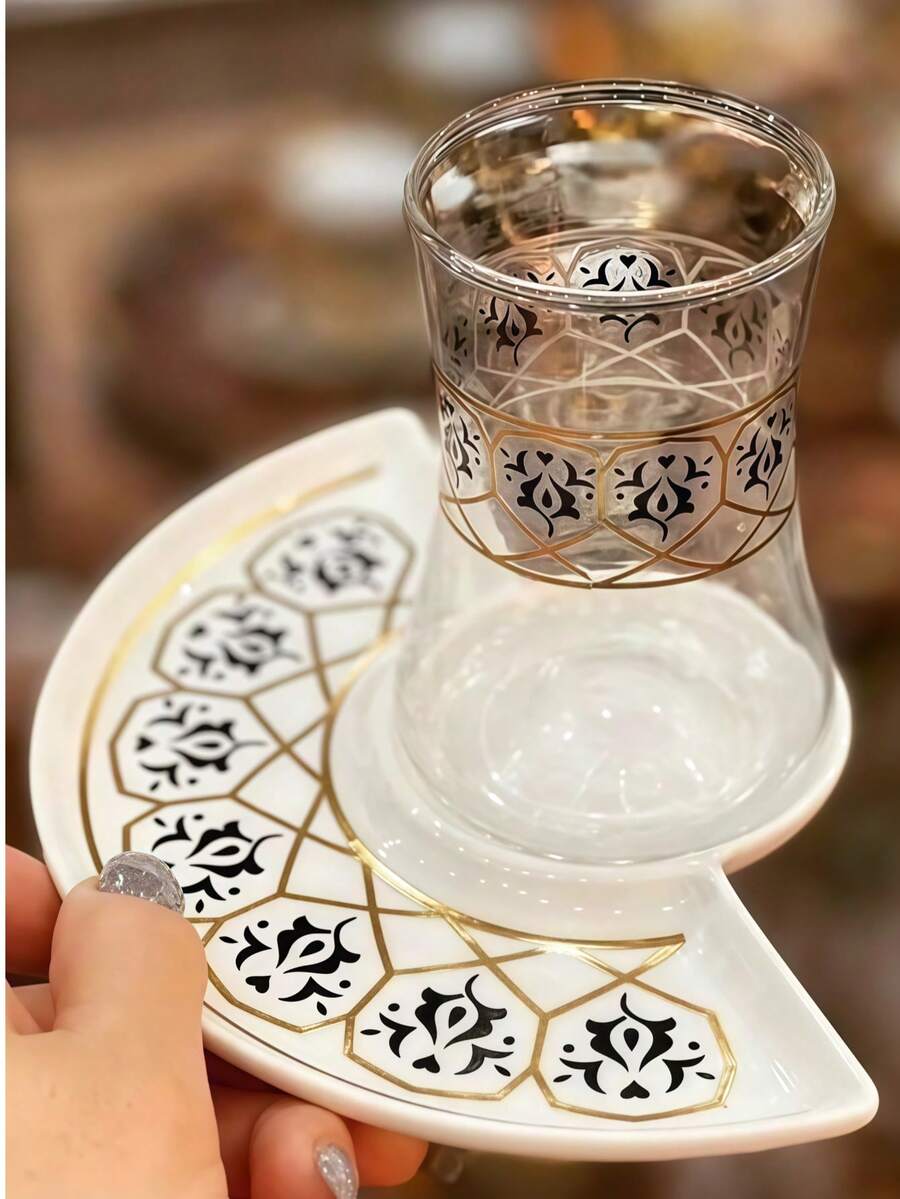 奢华咖啡杯套装 - 镀金郁金香玻璃杯和陶瓷碟,黑色浪漫下午茶杯套装,适合茶会、礼品、乔迁之喜、婚礼 - 彩色 - 查看 1