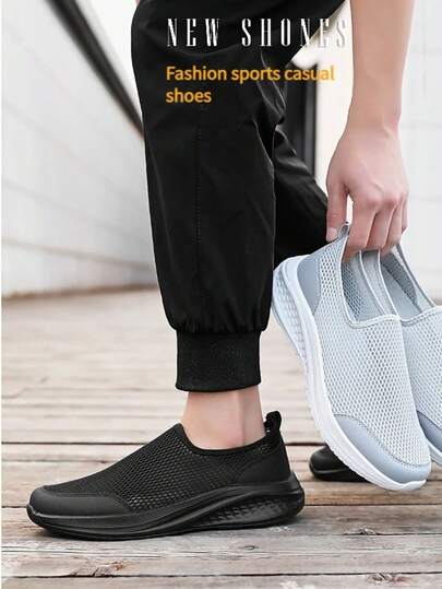 1 Pair Men's Casual Sneakers, Breathable Hollow Mesh Slip-On Shoes, Summer Outdoor Sports Tennis Shoes