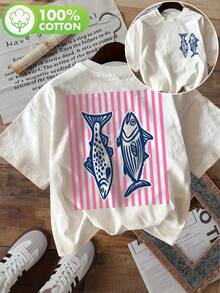Fresh Style Women's Spring And Autumn Top With Pink Stripes And Fish Prints, Made Of Pure Cotton, With A Round Neck And Short Sleeves, Women's Summer T-Shirt. - White - View 7