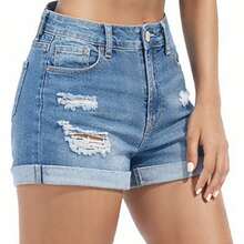 Mid Rise Raw Trim Ripped Denim Shorts | Mid-Stretch Casual Blue Wash Jean Shorts - Light Wash - View 4
