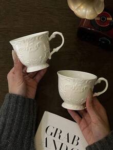 1pc French Ins Style Embossed Ceramic Coffee Cup, High-Quality Latte Cup For Cappuccino, Latte, Tea, Hot/Cold Drinks, Coffee, Juice, Milkshake, Afternoon Tea, Suitable For Living Room, Bedroom, Wedding, Mother's Day, Holiday Gifts - Multicolor - View 8