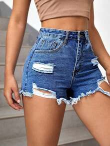 Shorts en mezclilla de talle alto desgarro ribete crudo - Azul lavado medio 2 - Ver 6