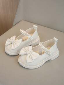 1 par de zapatos planos de estilo princesa con decoración de lazo y acento de perlas para niñas, adecuados para la primavera - Beis - Ver 1
