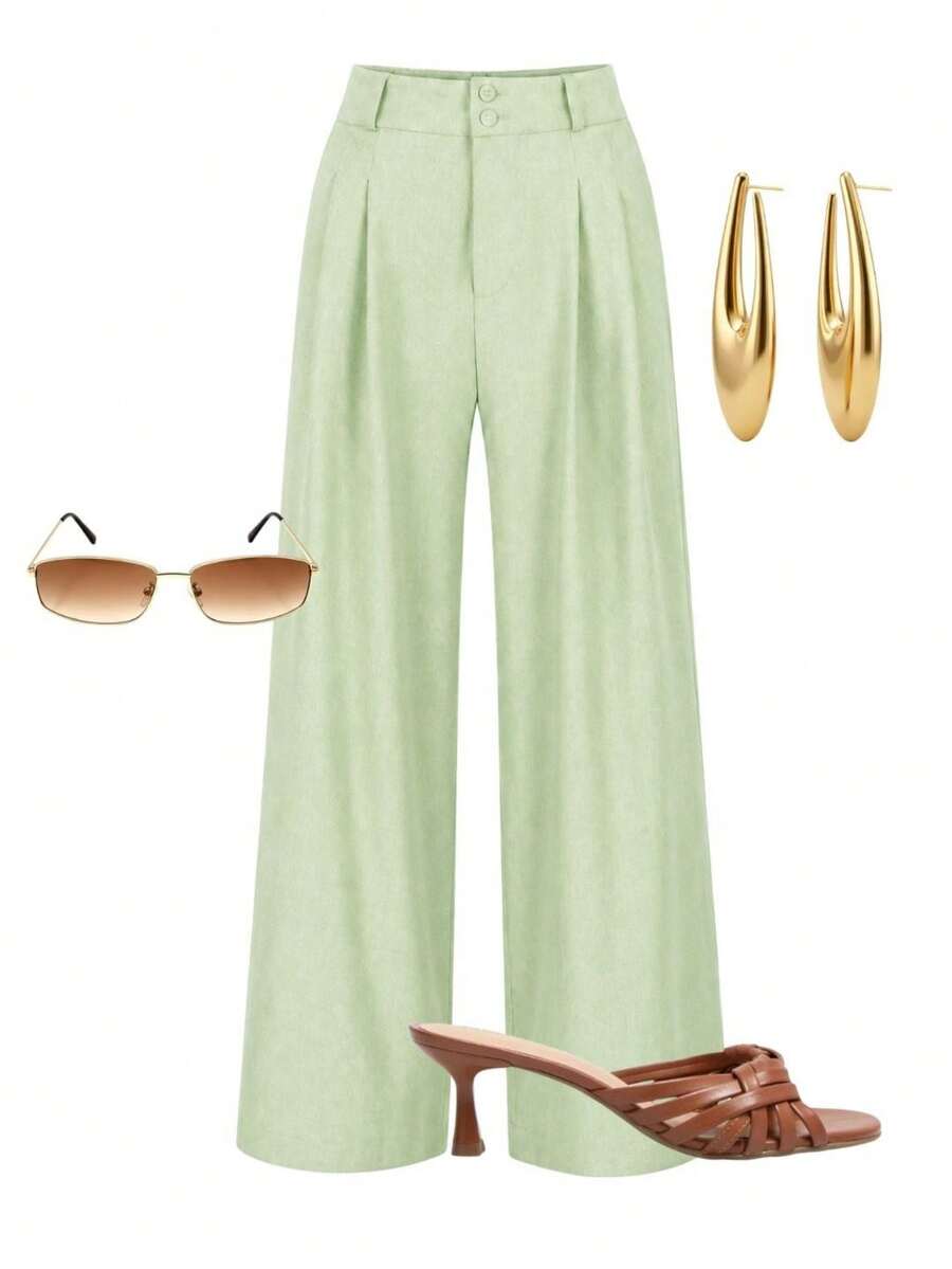 A&DD MODA, REF: AS1341-AS1400, Women's Pants, High Waist, Casual, Wide Leg, Pockets, Elegant, Sophisticated, Modern, Fashion Look, Current Style, Versatile Piece, Comfortable, High Quality, Uncomplicated Look, Women's Fashion. - 綠色 - 查看 1