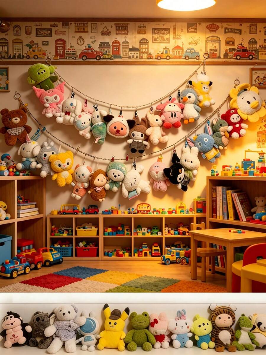 2 piezas Cuerda colgante de peluche linda, Hamaca de almacenamiento de muñeca de peluche de color aleatorio, Estantería organizadora grande de esquina para muñecas, Cuerda colgante decorativa y clips para habitación, casa, dormitorio - Multicolor - Ver 1
