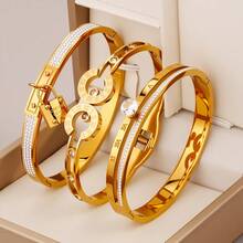 Conjunto de 3 piezas de joyas chapadas en oro como regalo: cinturón con incrustaciones de rhinestones, pulsera de acero inoxidable estilo romano de 18K chapado en oro para mujeres - estilo de combinación romana - Ver 5
