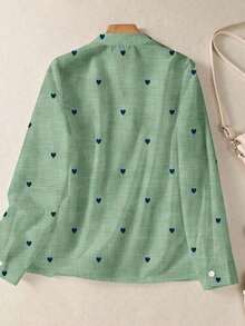 Camisa de mujer de manga larga con botones y bolsillos, con estampado romántico de corazones, adecuada para otoño, invierno y primavera - Verde - Ver 11