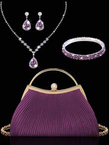 Túi xách dạ hội sang trọng lấp lánh dành cho nữ, túi dự tiệc đính sequin thanh lịch, túi xách đính kim cương, túi cưới thời trang, kèm bộ ba trang sức đính đá lấp lánh, thích hợp cho phụ nữ tham dự các bữa tiệc, bữa tối, đám cưới, dạ hội, họp mặt và các dịp khác. - Màu tím - Xem 1