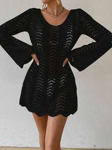 Swim Lushoire Vestido para cubrir la parte trasera hecho de punto con encajes de verano para mujer, con corbata y espalda descubierta para la playa - Negro - Ver 6