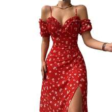 Nuevo vestido Midi ajustado de manga corta con hombros descubiertos y estampado Floral informal elegante de verano para mujer para fiesta y vacaciones en Club - Rojo - Ver 5