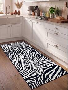 Modern Zebra Stripe Digital Print Kitchen Rug - Chic Animal Pattern Non-Slip Washable Floor Mat, Made in Turkiye 80x200 cm, 80x300 cm,100x200 cm, 120x180 cm - 黑與白 - 查看 6
