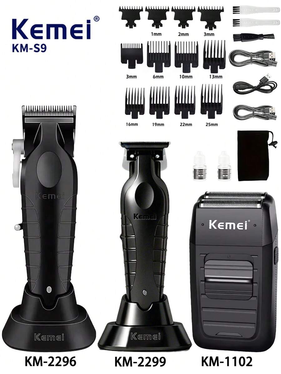 KEMEI 三件套男士电动理发器套装，无线理发器，男士剃须刀和胡须修剪器，USB 充电式理容套装，专业理发工具，适合理发店和家庭理发，旅行必备，男士礼品