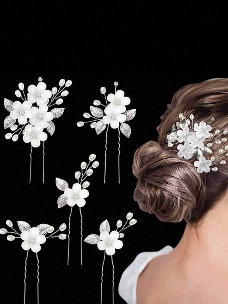 Bộ 5 chiếc kẹp tóc hình chữ U bằng acrylic với hoa và lá bạc, phụ kiện tóc kiểu Châu Âu cho đám cưới, tiệc cưới và phù dâu. - Bạc - Xem 1
