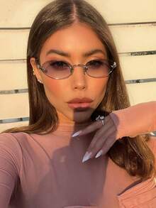 1 Pair Women's Metal Leg Fashionable Small Frame Oval Rimless Glasses, Suitable For Daily Wear - Double Gray - View 5