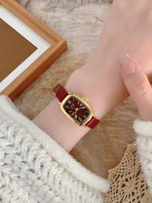 1pc Retro Style Adjustable Strap Quartz Women's Watch Elliptical With Roman Numeral Scale For Compact And Perfect For Daily - Red - View 11