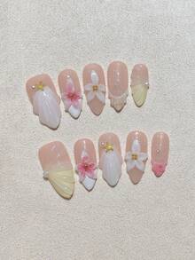 10 Stück mittlere mandelförmige handgemachte Aufklebe-Nägel Set, aprikot & weiße Fake Nägel, sanft süß tragbare Nail Art, geschnitzte Blumen, Muscheln, Seesterne, für Mädchen, Frauen, Alltag, Büro, Schule, Dates, Partys, Proms, Valentinstag Geschenk - Verschiedenfarbig - Übersicht 2