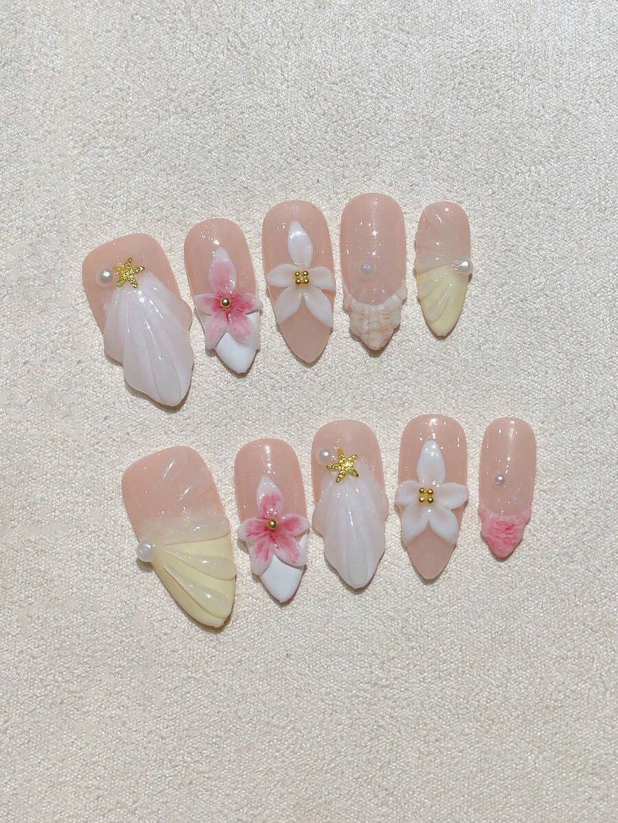 10 Stück mittlere mandelförmige handgemachte Aufklebe-Nägel Set, aprikot & weiße Fake Nägel, sanft süß tragbare Nail Art, geschnitzte Blumen, Muscheln, Seesterne, für Mädchen, Frauen, Alltag, Büro, Schule, Dates, Partys, Proms, Valentinstag Geschenk