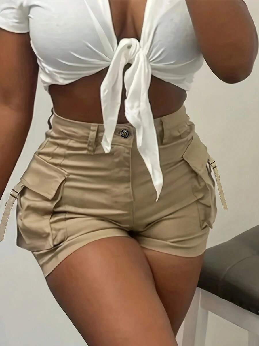 Shorts Casuales de Verano para Mujer con Bolsillos, Ideales para Uso Diario y Conjuntos de Fiesta - Caqui - Ver 1