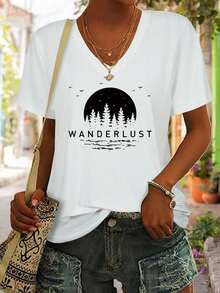 Camiseta de mujer con cuello en V y mangas cortas, estampado de noche de luna en el bosque, tela suave, regalo de San Valentín, uso diario, envío gratis - Negro - Ver 6