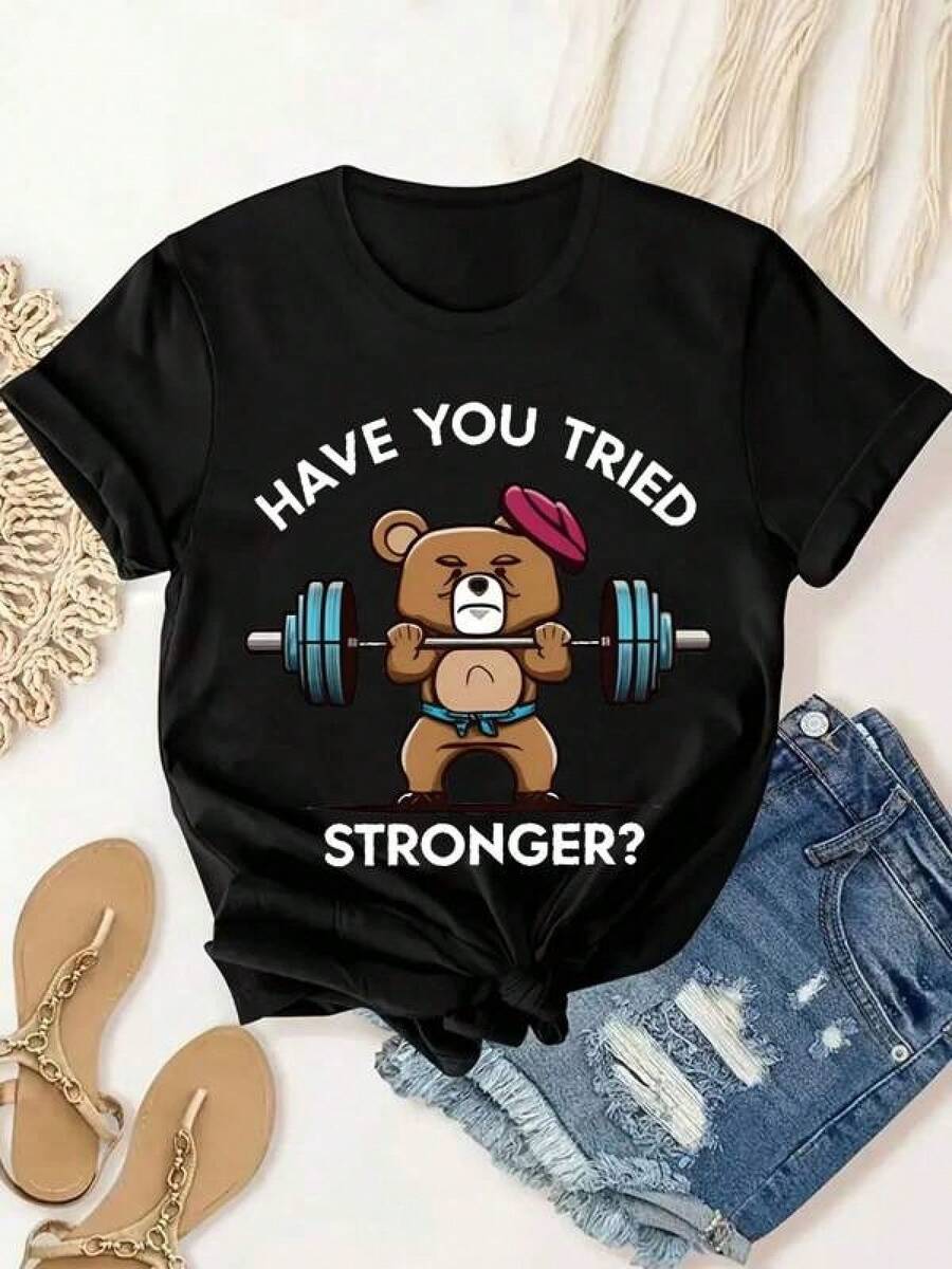 Damsommar-t-shirt med björn- och viktstångstryck, modern, avslappnad, bekväm, mjuk, sportig och fitness, andningsbar, rund hals och kortärmad för daglig utomhusbruk, damsommarklänning, rund halsad t-shirt med bokstavstryck för ung flicka, avslappnad, bekväm och moderiktig. - Svart - Visa 1