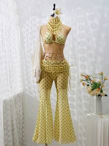 Bộ bikini nữ Xuân/Hè 2026, kiểu Pháp cổ điển chấm bi đen trắng, kết hợp với quần lưới ống rộng gợi cảm và thanh lịch, phụ kiện khăn trùm đầu thời trang, trang phục đi biển và đồ bơi dành cho nữ, thích hợp cho kỳ nghỉ biển và tiệc bể bơi. - Màu vàng - Xem 2