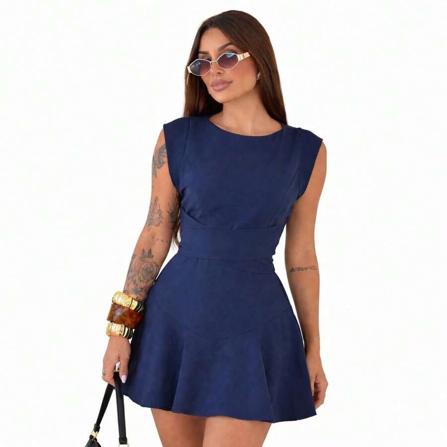 Women's Short Dress With Tailored Shorts | Muscle Shoulder | High Quality - 藏蓝色 - 查看 1