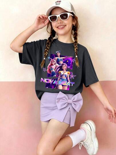 Set de 3 piezas: Camiseta de manga corta con cuello redondo y estampado de personajes de dibujos animados + Vestido decorado con moño morado, nuevo conjunto de verano y primavera para niñas adolescentes