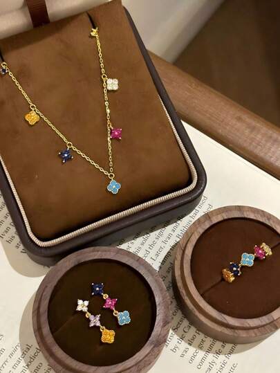Rainbow Clover Emaljring - Halsbandsörhängesset för kvinnor - Dopaminfärgad ring - Liten och utsökt design - Lyxig design