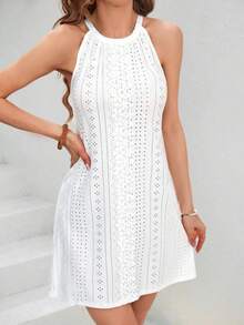 Vestido de encaje con empalme de encaje para primavera y verano para mujer, cuello redondo, cuello colgante, estilo femenino elegante, ajuste cómodo e informal - BLANCO - Ver 1
