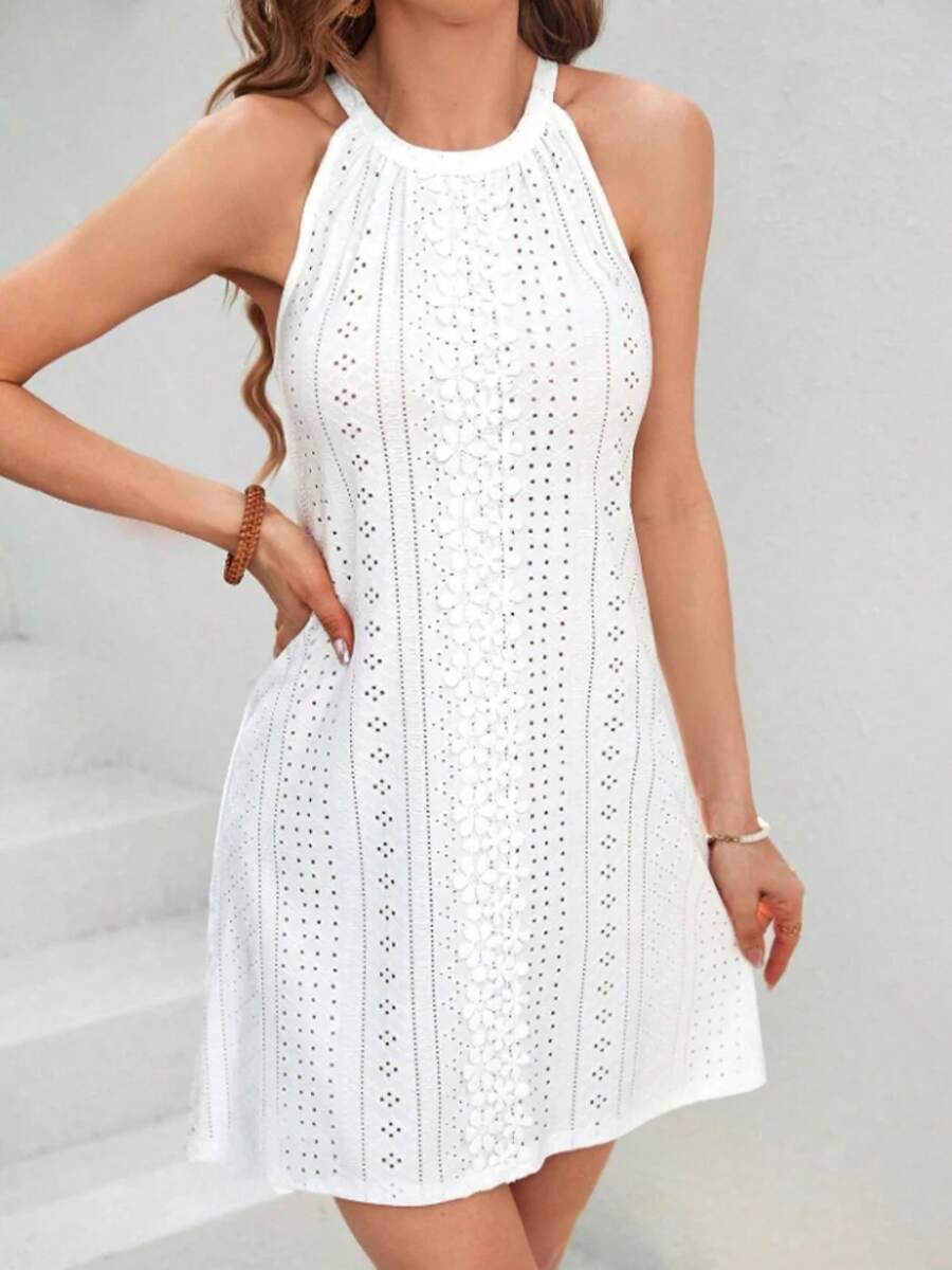 Vestido de encaje con empalme de encaje para primavera y verano para mujer, cuello redondo, cuello colgante, estilo femenino elegante, ajuste cómodo e informal - BLANCO - Ver 1