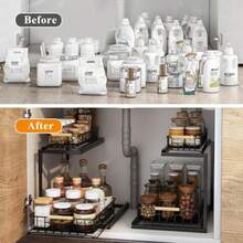 2 Paquetes Organizador Bajo del Fregadero con Deslizamiento Ajustables, Estante Organizador de Fregadero Cocina y Baño Extraíble para Gabinete 2 Niveles, Cajón Deslizante Metal, Especieros - 2 Piezas - Ver 5