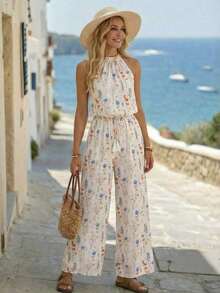 Mono informal de mujer con estampado floral diminuto y escote halter - Azul - Ver 12