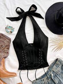 Nuevo chaleco de mujer con escote en V y cordones de ante desconstructurado, adecuado para vacaciones, citas, té de la tarde, vacaciones, festivales de música, estilo bohemio, cruceros, playa, Navidad, Año Nuevo, discoteca - Negro - Ver 3