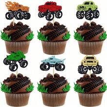 12/24 piezas Decoraciones para cupcakes con forma de camión monstruo brillante, adecuado para fiesta de cumpleaños con tema de carrera de autos, decoración de mesa de postres, decoraciones para pasteles con forma de vehículo brillante - Multicolor - Ver 1
