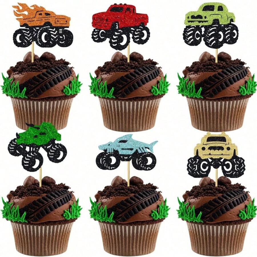 12/24 piezas Decoraciones para cupcakes con forma de camión monstruo brillante, adecuado para fiesta de cumpleaños con tema de carrera de autos, decoración de mesa de postres, decoraciones para pasteles con forma de vehículo brillante - Multicolor - Ver 1