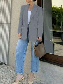 Chaqueta casual de mujer con solapa con muesca y botones, elegante y de moda, adecuada para ir al trabajo y uso casual diario en primavera - Gris Claro - Ver 5
