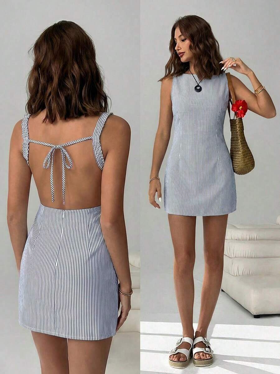 Vestido mini sin espalda y sin mangas con rayas azules tejido para mujeres - Azul marino - Ver 1
