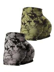 CZGUKE Pantalones deportivos de alta elasticidad para mujer, pantalones cortos ajustados para ciclismo, ejercicio, yoga, pantalones cortos transpirables de cintura alta, conjunto de 3 piezas - Verde hierba-gris - Ver 5