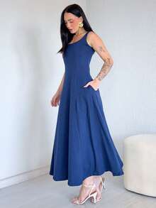 Long, Flared Dress, 100% Cotton, With Pocket And Slit. - Navy Blue - View 2