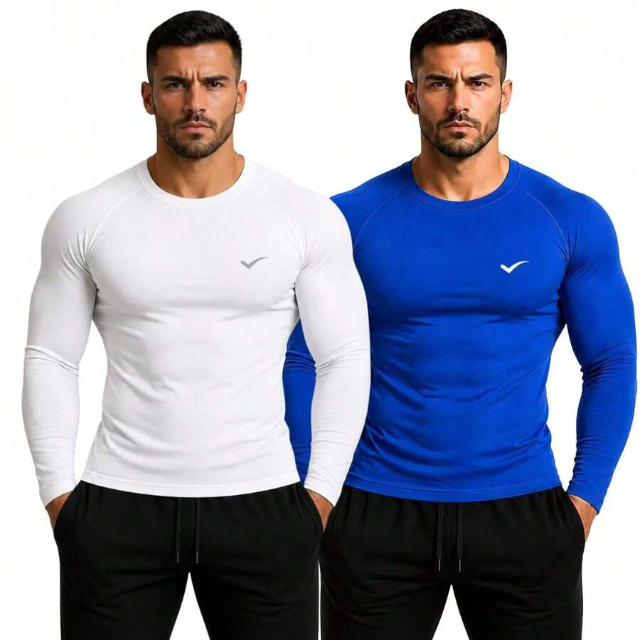 Kit Of 2 Thermal UV 50+ Base Layer Shirts/T-Shirts/Cool Mesh Shirts For Gym And Sports - 白色和皇家藍 - 查看 1