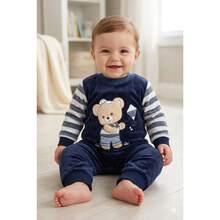 Baby Boy's Plush Embroidered Romper Baby Boy's Clothes - 藏蓝色 - 查看 1