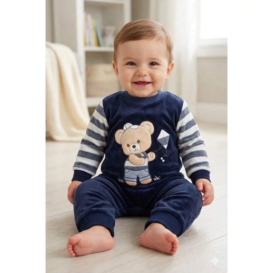 Baby Boy's Plush Embroidered Romper Baby Boy's Clothes - 藏蓝色 - 查看 1