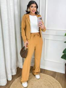 Women's Stylish Tracksuit Set: Sweatshirt With Trim, Hood, And Zipper, And Wide-Leg Pants With Side Pockets - Elegant Women's Jacket, Wide-Leg Pants, Long-Sleeved Blouse, Winter, Cold Weather, Basic, Comfortable, Premium, Comfy, Warm, Thick, Caramel Color. - 駝色 - 查看 5