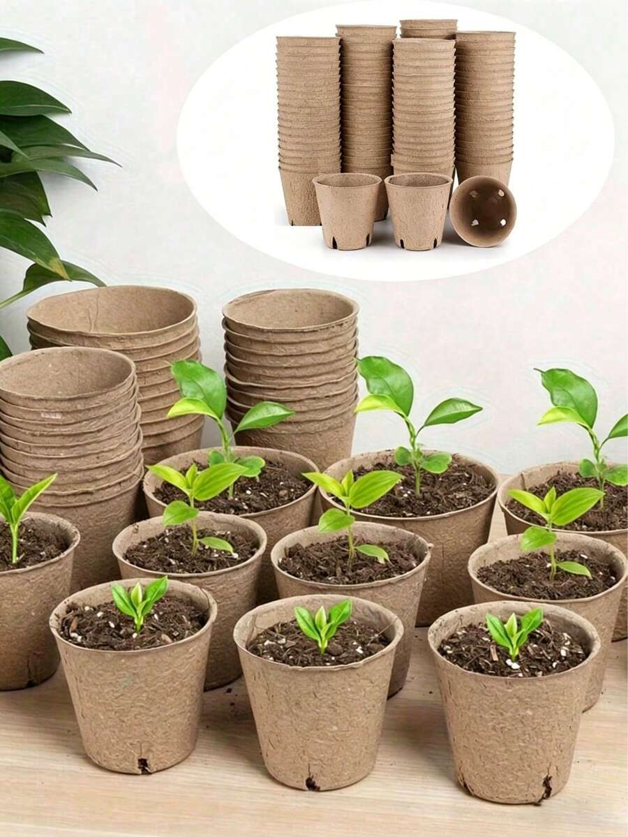 50/20/10/5个有机纤维育苗盘、种植盆、可堆肥种植盆、温室育苗盘、纸浆育苗盆、小型圆形种子发芽盘，适用于香草、多肉植物、花卉和蔬菜幼苗，易于使用的园艺工具。