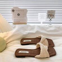 Sandal Selop Tenun Sol Tebal Ujung Persegi Bergaya Prancis untuk Wanita, Sandal Platform Wedges Chic untuk Liburan - Krem - View 4