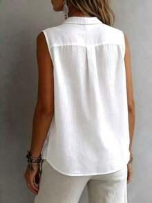 Fashionable Sleeveless Lapel Shirt Women, Versatile Loose Casual Commuter Tank Top, Solid Color Button Front, Daily Wear White Summer - 白色 - 查看 2